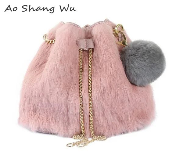 Новый 2017 бархат мешок цепи плечо шерсти помпой небольшой ведро|bucket bag|wool bagvelvet bag |