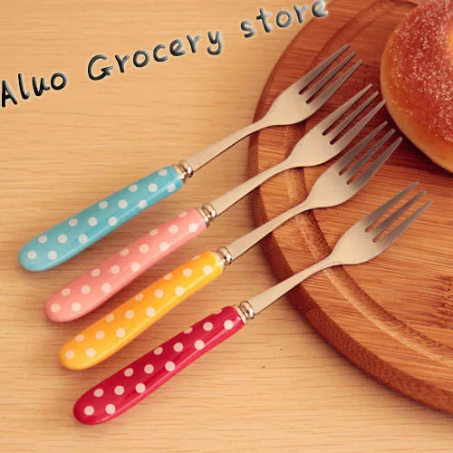 2015 Vintage Polka Dot Ceramic Handle Tableware Stainless Steel Spoon &amp Fork Multi - Purpose Mixing AL-017 | Дом и сад