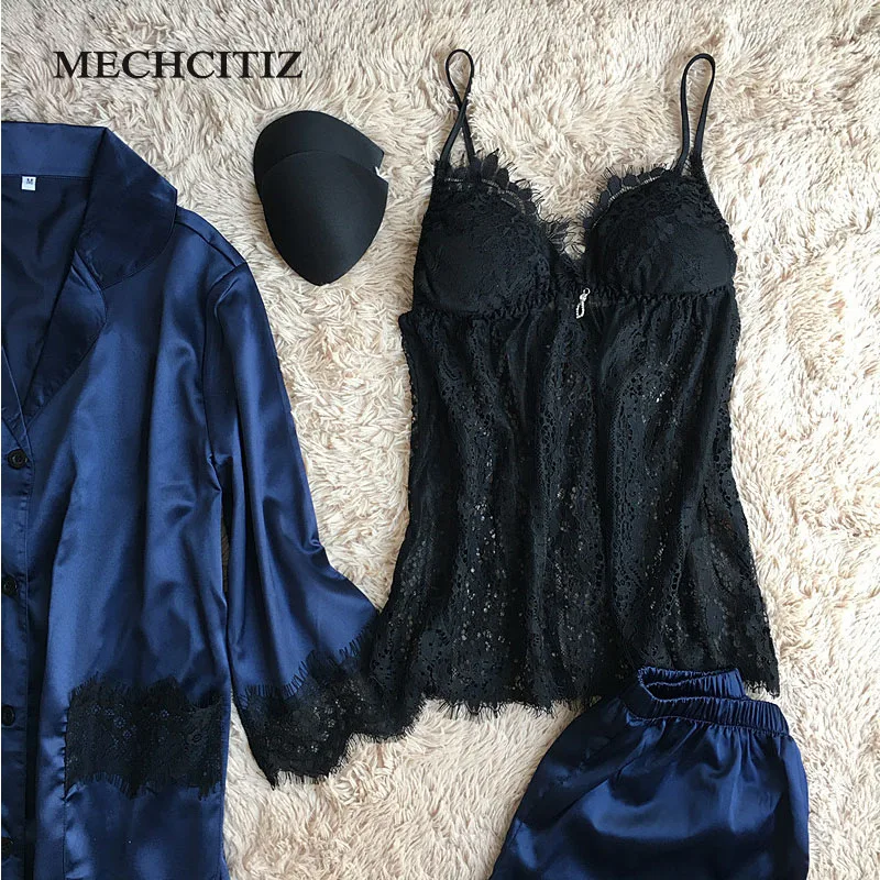 MECHCITIZ 2019 Three Piece Silk Pajamas Sets For Women Robe Sling Pants Stripe Pyjamas Spring Warm Long Sleeve Sleepwear Lounge | Женская