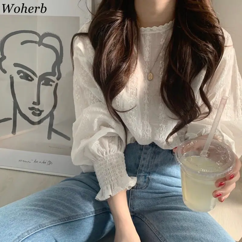 Woherb 2021 корейская модная одежда женские белые блузки и топы ажурные Цветочные