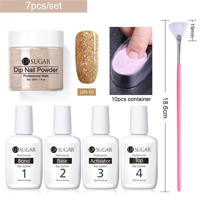7pcs set10 Ur Sugar полный набор погружения ногтей порошок Системы базовое, топовое покрытие Наборы DIY Dip порошок для ногтей маникюрный набор вкладчик щетки порошок 7 шт./компл - Цвет: 7pcs set10