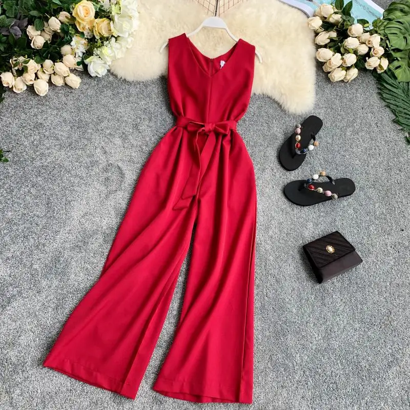 

Women Summer Fashion Wide Leg Jumpsuit Woman Casual Sexy V Neck Sleeveless Vacation Beach Bodysuit Overalls for Women