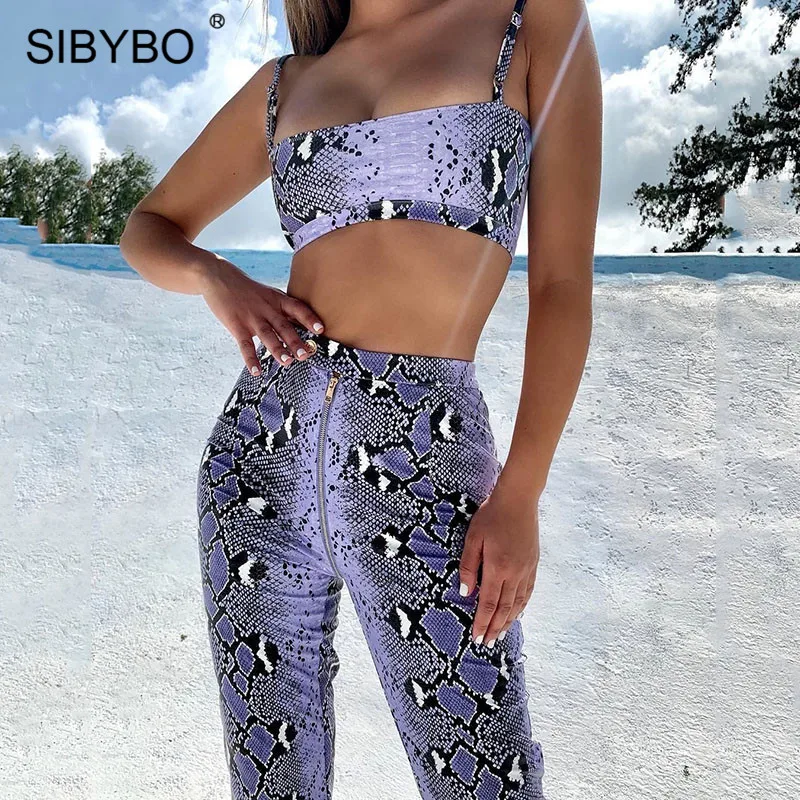 Sibybo, змеиная кожа, принт, сексуальный комплект из двух частей, женский ремень, высокая талия, Осенний укороченный топ и штаны, комплект на молнии, пляжный Повседневный Женский комплект