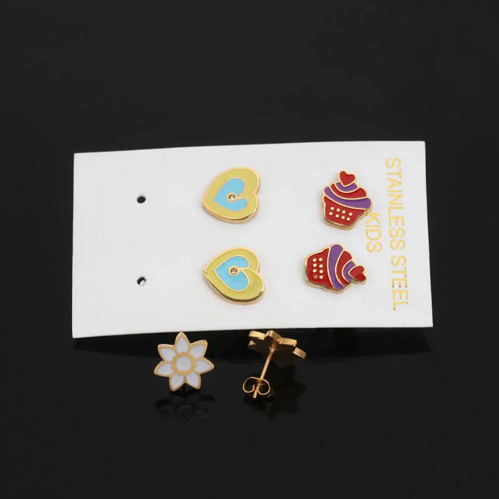 8Seasons Stainless Steel Ear Post Stud Earrings Gold Color Multicolor Cake Heart Enamel Fashion 1 Set ( 3 Pairs/Set) | Украшения и