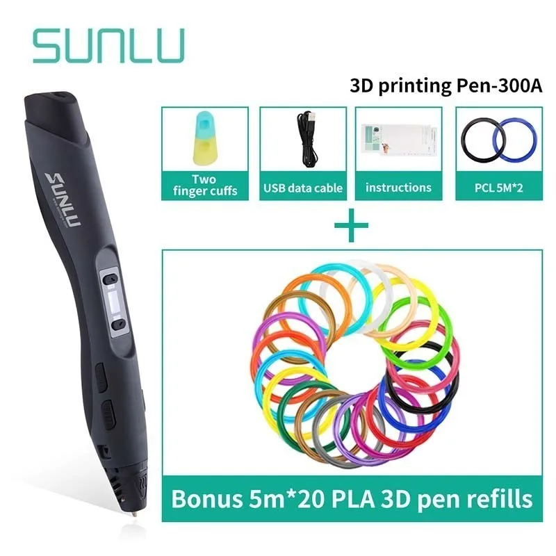 SL-300A-Black-5.20 SUNLU 3D печать Ручка Набор низкая температура 3D Ручка коробка набор детей Scribble 3D ручки Поддержка PLA/PCL/ABS нити - Цвет: SL-300A-Black-5.20