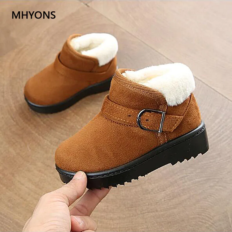 MHYONS/ г. Новые детские зимние ботинки для детей, зимняя теплая детская обувь для мальчиков милые Нескользящие ботинки на плоской подошве с круглым носком для маленьких девочек