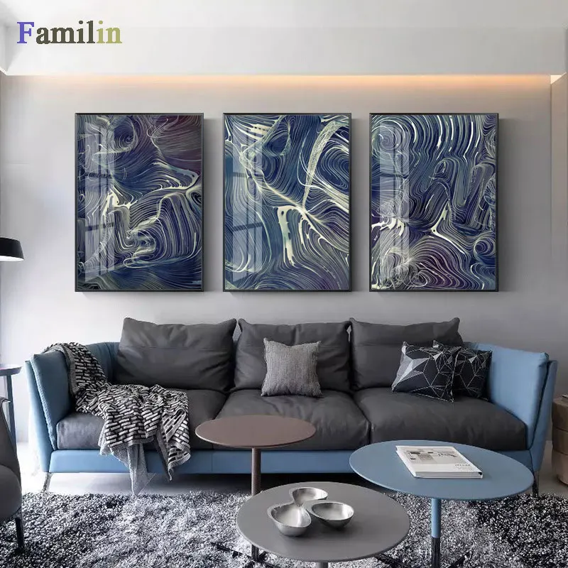 Абстрактная живопись синий полосатый постер картина настенное искусство холст