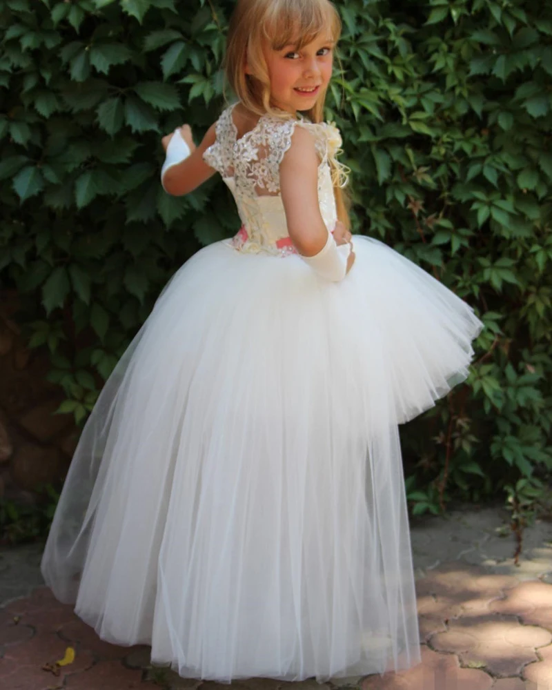 Уникальный дизайн белое кружево из аппликаций Тюлевое платье с цветочным узором