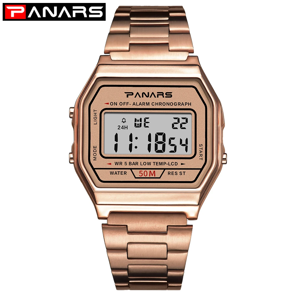 Rose gold PANARS часы мужские Роскошные водонепроницаемые Серебристые Металлические цифровые часы мужские импортированная батарея Стальные наручные часы сопротивление падению - Цвет: Rose gold