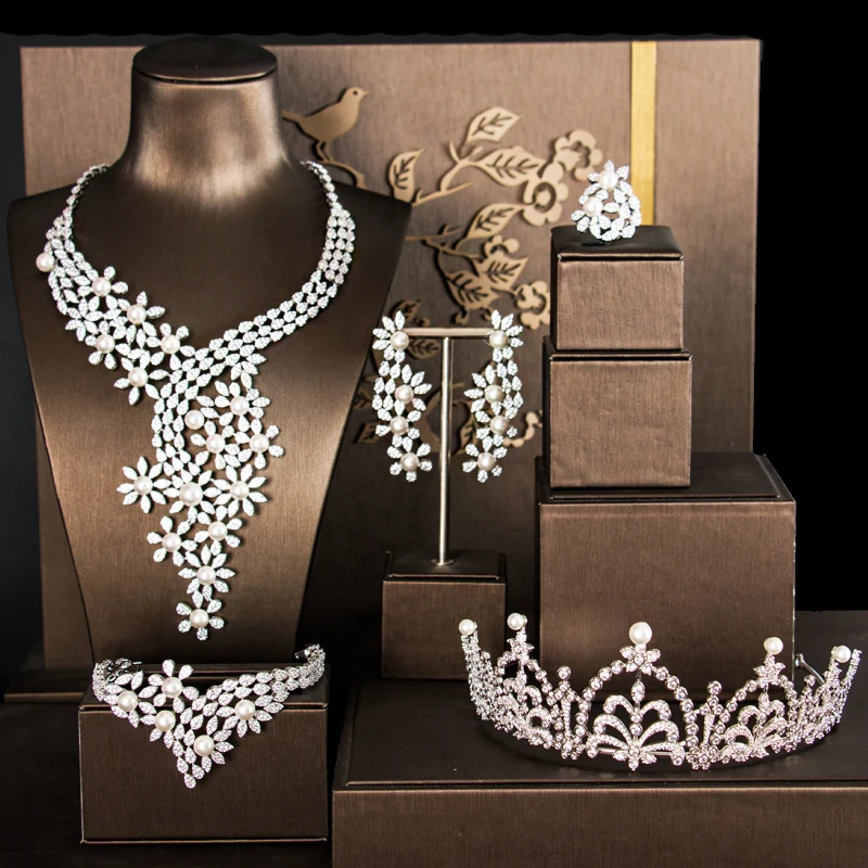LANFLORA boutique fashion pearl and CZ jewelry set crown wedding luxury cubic zirconia for bridal sets free shipping | Украшения и