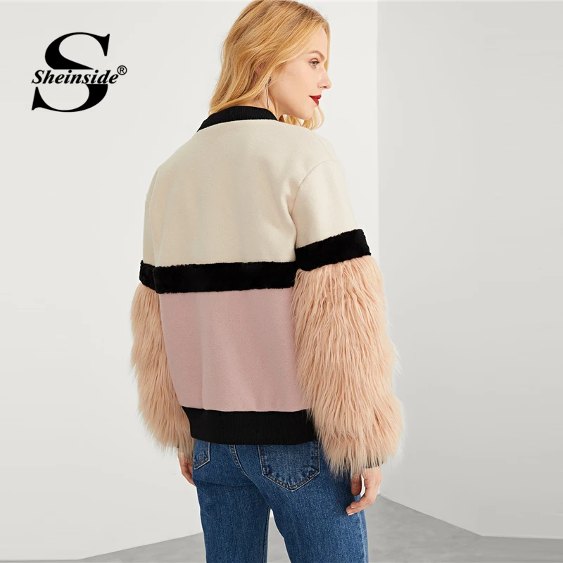 Sheinside, на молнии, искусственный мех, рукав, в клетку, зубчатый, пальто, женская одежда,, цветной блок, зимняя куртка, утолщенная верхняя одежда, женские пальто