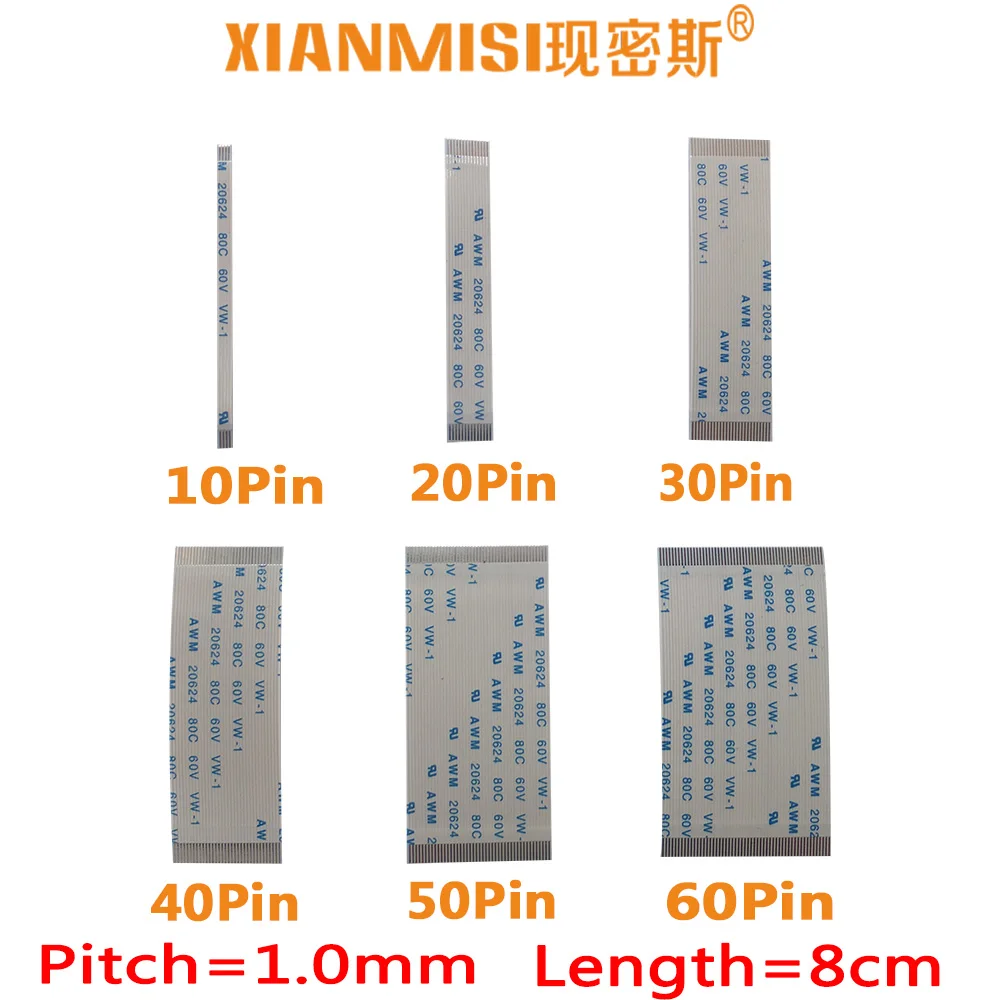 

FFC/FPC Flat Flex Extension Cable 10Pin 20Pin 30Pin 40Pin Same Side 1.0mm Pitch AWM VW-1 20624 20798 60V Length 8cm 5PCS