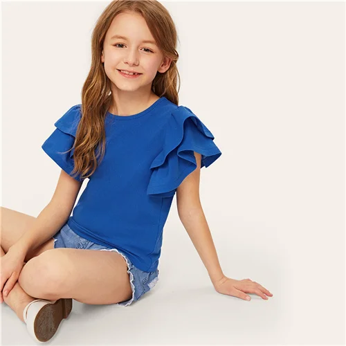 Синий SHEIN kids/однотонная повседневная детская блузка с оборками и многослойным рукавом; коллекция года; сезон лето; милые блузки с рукавами-крылышками; топы для девочек-подростков - Цвет: Синий