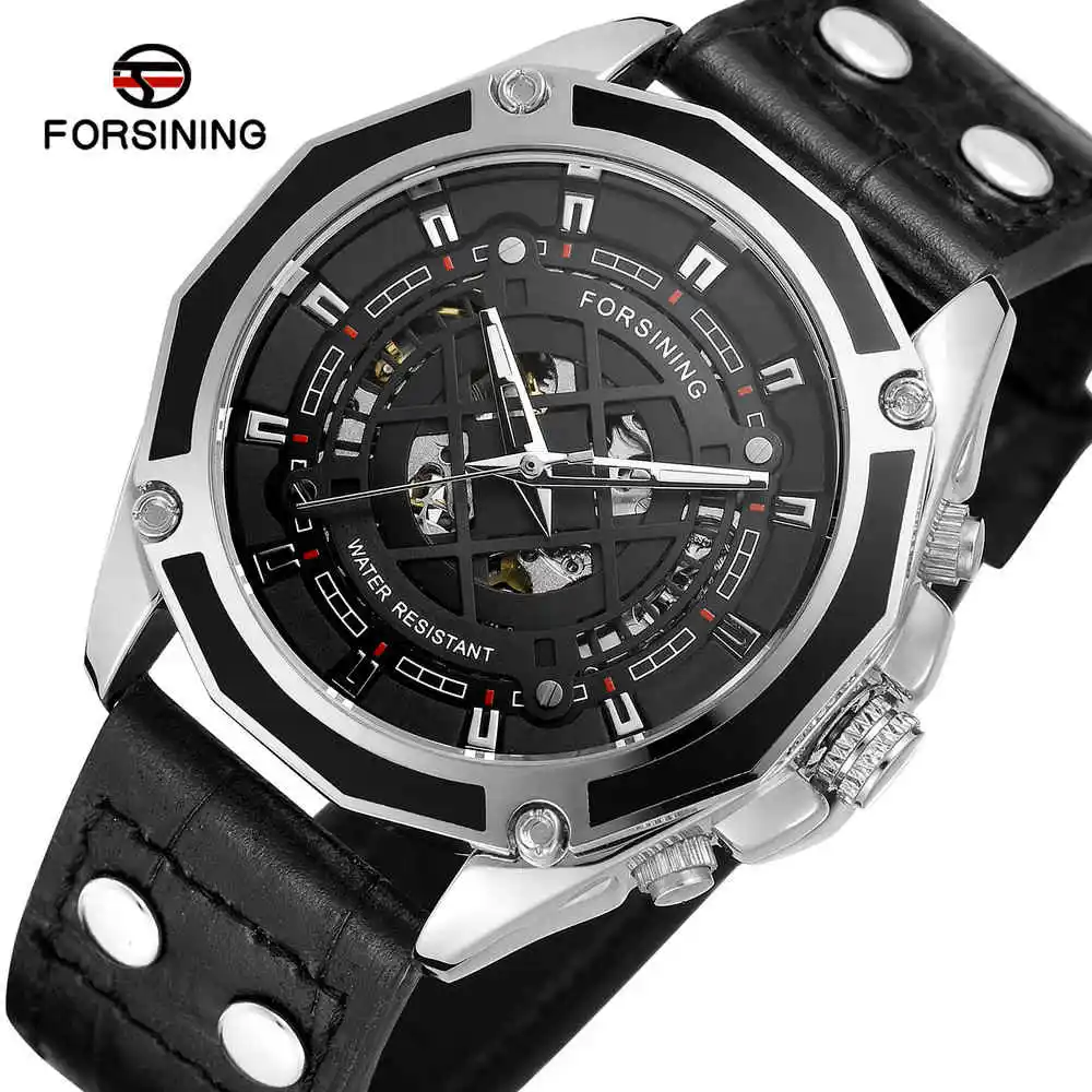 silver black FORSINING, мужские механические часы со скелетом, кожа, античный стиль, стимпанк, наручные часы, повседневные, автоматические, самовзводные, наручные часы - Цвет: silver black