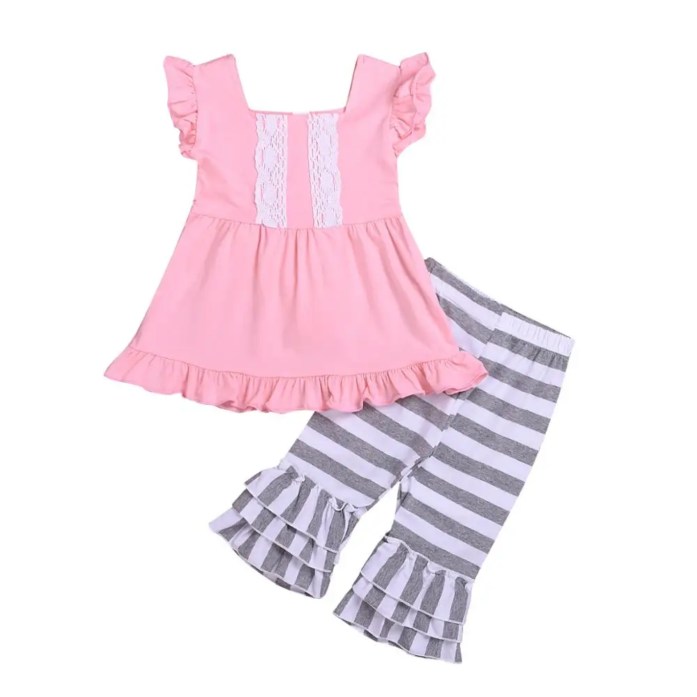 

Cotton pink boutique girl fall style ruffle stripe capris children baby clothing set