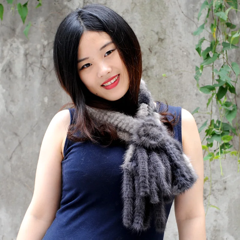 CX-S-130D Women Winter Fashion Mink Fur Scarf Stripe Girls Knitted Warm Real |