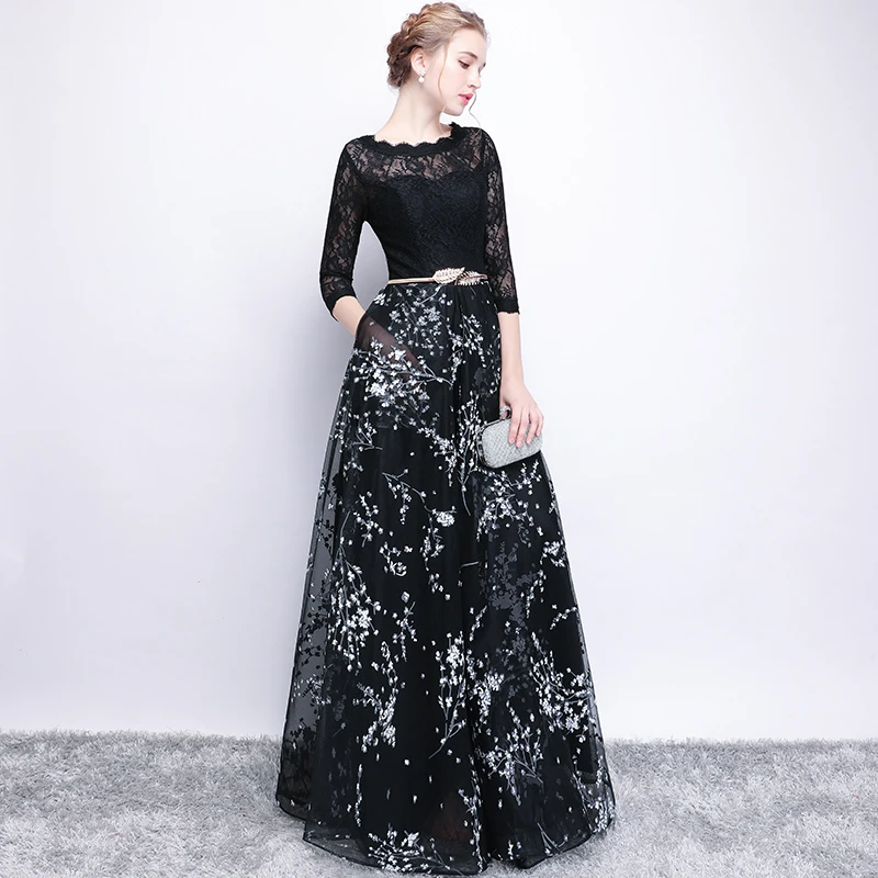 Женское длинное вечернее платье SSYFashion элегантное черное в пол с кружевными
