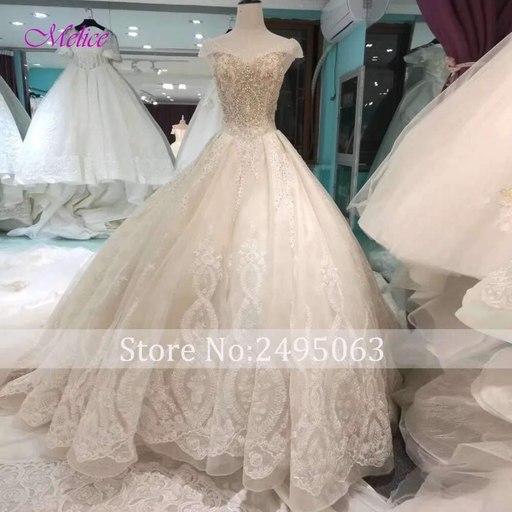 Melice Vestido de Noiva Свадебные платья принцессы с v образным вырезом и жемчугом 2019 рукава