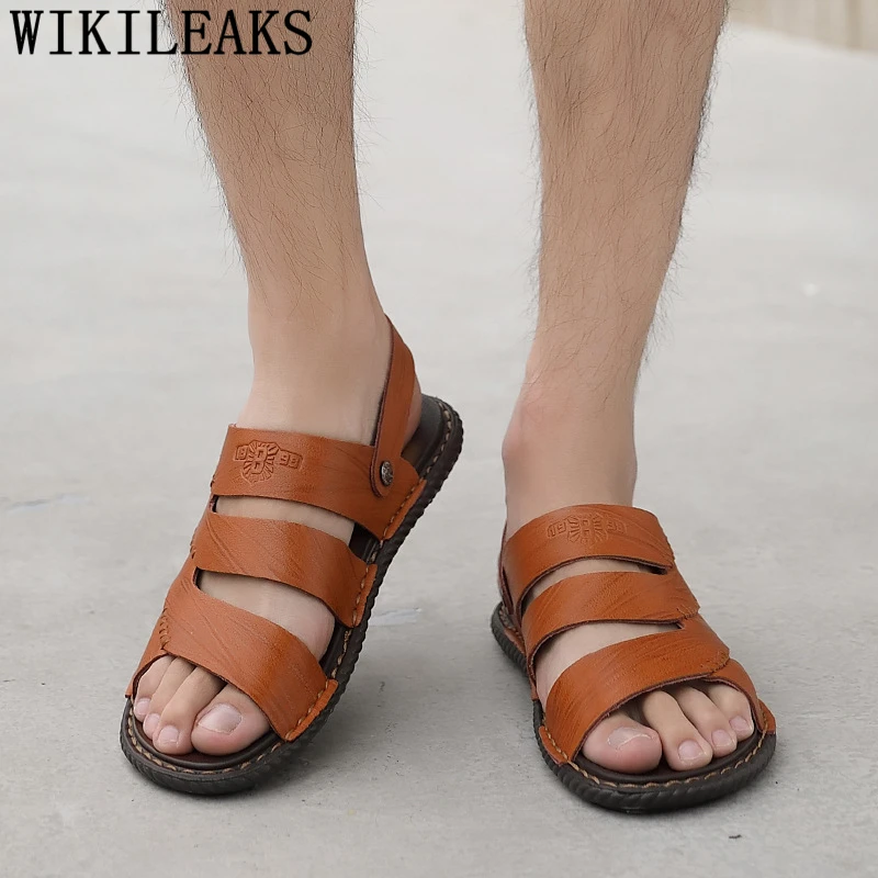 Мужские кожаные сандалии коричневые пляжные из натуральной кожи летняя