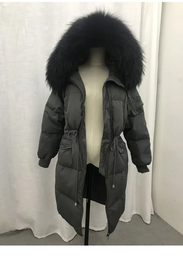 Grey Black Зимняя женская куртка с воротником из натурального меха енота, Толстая теплая парка с капюшоном, пуховик на утином пуху, женская верхняя одежда YRF03 - Цвет: Grey Black