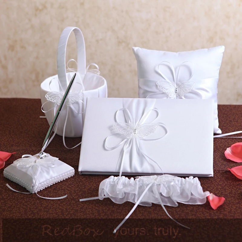 Free shipping 5pcs/ Set  white with Satin Wedding Guest Book Ring Pillow Flower Basket garter Pen Holder Sets Bridal Product