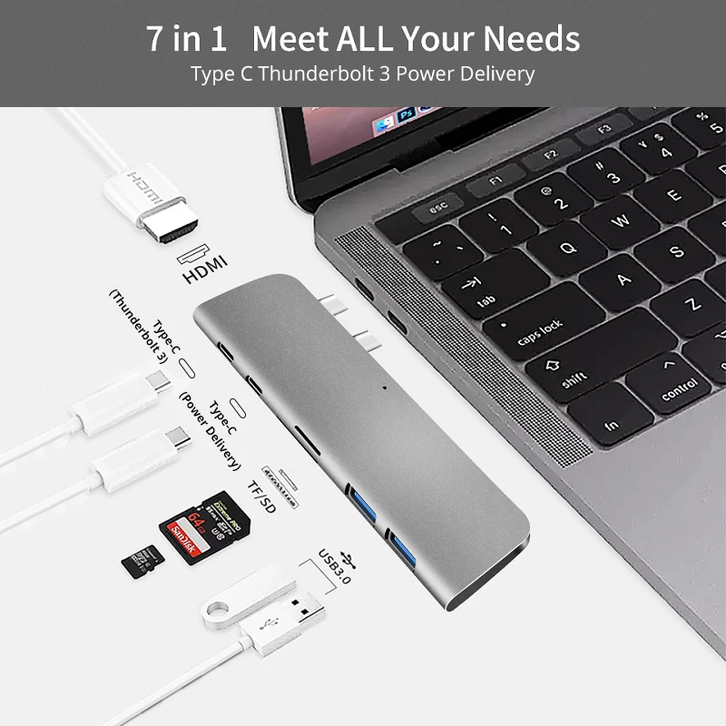 Адаптер концентратор Snowkids Type C на HDMI 4K Thunderbolt 3 USB 0 TF SD PD для MacBook Pro 2019 Air 2020 13 3|USB-хабы|