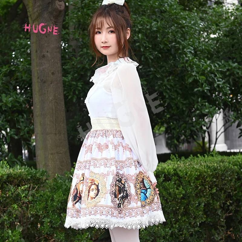 

Harajuku Baroque Printed Short Skirt Mori Girl A line Elastic Waist Skirt