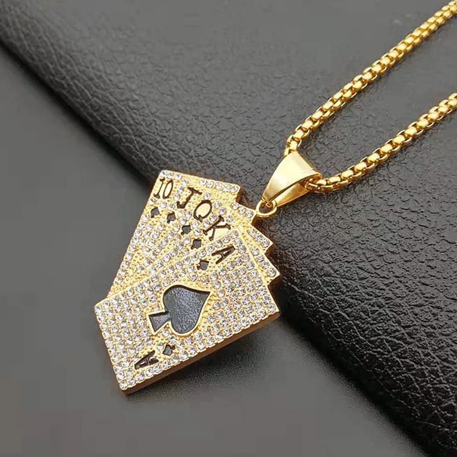 Ювелирное изделие для мужчин - Подвеска Hiphop Iced Out Playing Card Straight Flush с цепочкой из нержавеющей стали, золотого цвета. Отправка без промежуточного перепродавца.