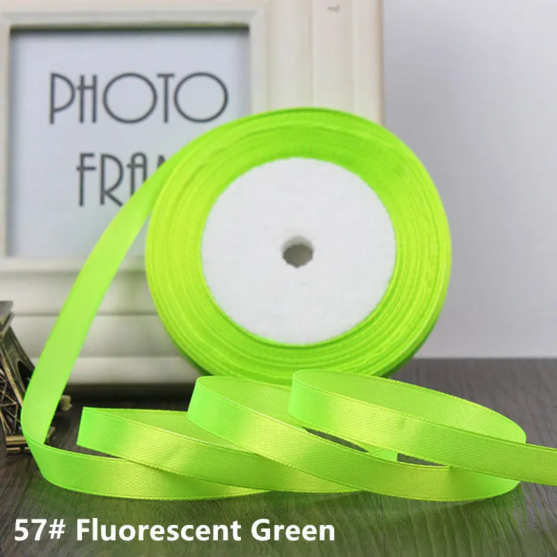 Fluorescent Green 25 ярдов/рулон атласная лента Гро-Гро ленты ширина 1 см Рождественская Вечеринка Свадебная лента для украшения торта подарочная упаковка ленточная повязка для волос - Color: Fluorescent Green