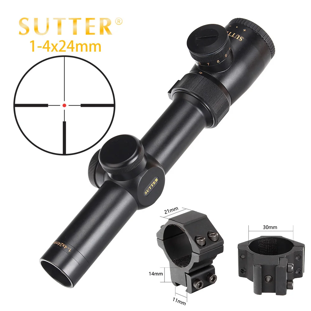with Dovetail Rings SUTTER 1-4X24 компактные охотничьи оптические прицелы R12 или R29 стеклянная сетка красный осветительный прицел башенки сброс тактический прицел - Цвет: with Dovetail Rings