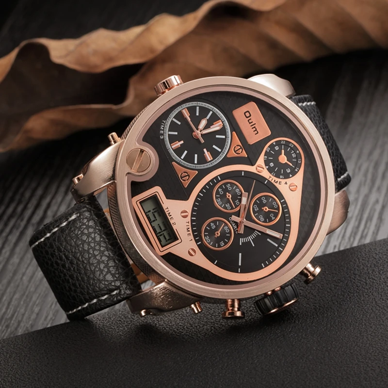 Oulm кожа большие часы для мужчин большой циферблат двойной дисплей военные