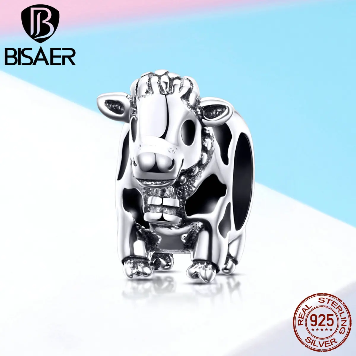 BISAER, 925 пробы, серебряный, черный и белый бык, корова, выберите муо, шарм, подходит для серебряного браслета, модное ювелирное изделие GXC1049