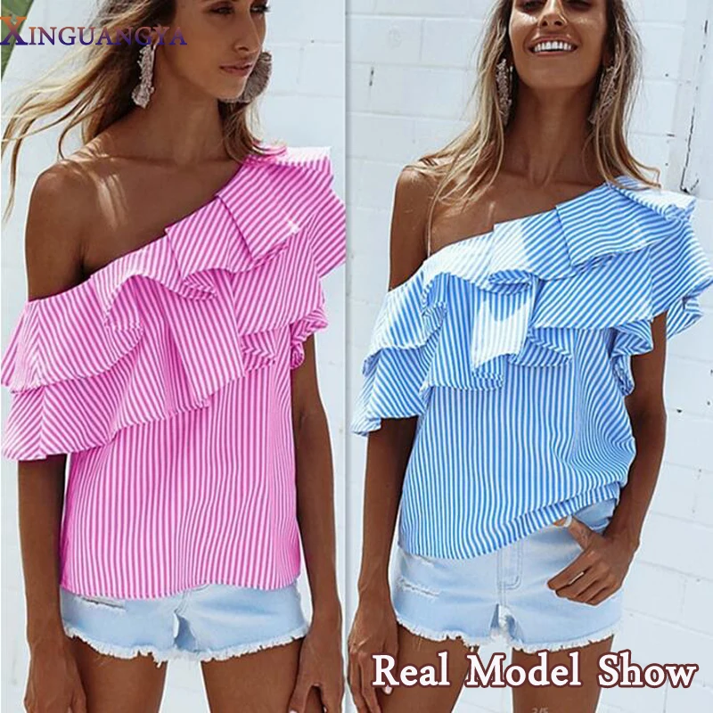 Футболка женская новый 2018 Лето рюшами Полосатый синий и розовый с плеча летняя