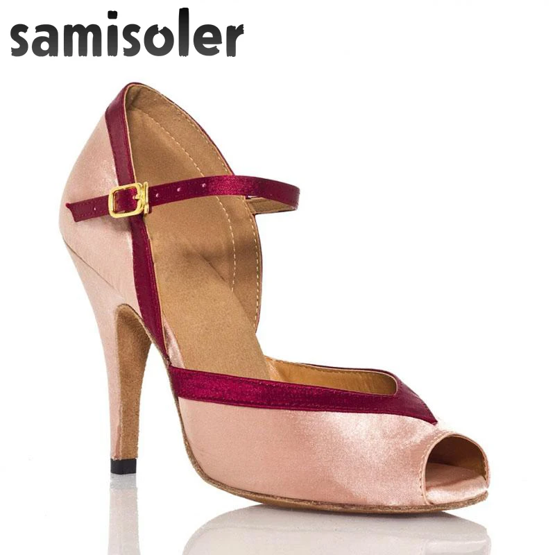 Samisoler Skin/Bule New Flash Cloth Collocation Shine Ribbons Ballroom Fashion Dance Women Latin Competition Shoes | Спорт и