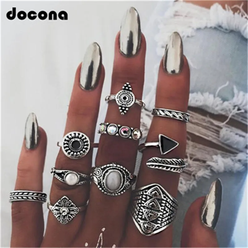 Docona 10pc Vintage Silver Color Geometric Rhinestone Knuckle Midi Finger Ring Set Stacking Jewelry Women Accessory 4846 | Украшения и