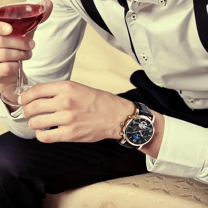 BINSSAW мужские новые автоматические механические Tourbillon часы модные бизнес кожа