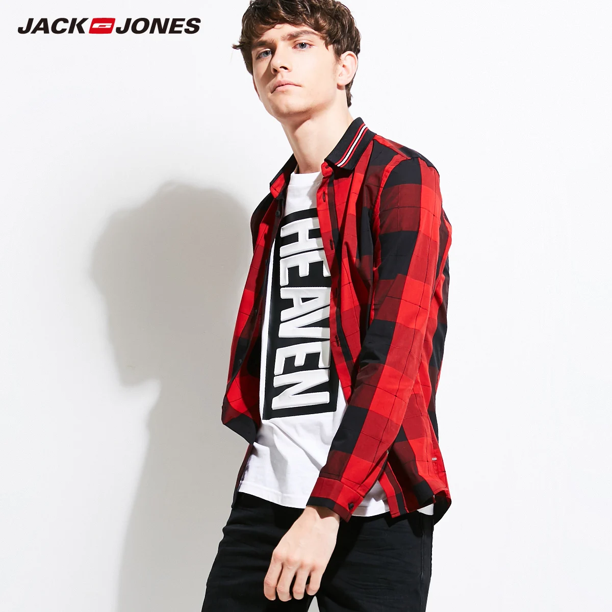 JackJones Мужская зимняя хлопковая рубашка с лацканами приталенный силуэт длинными