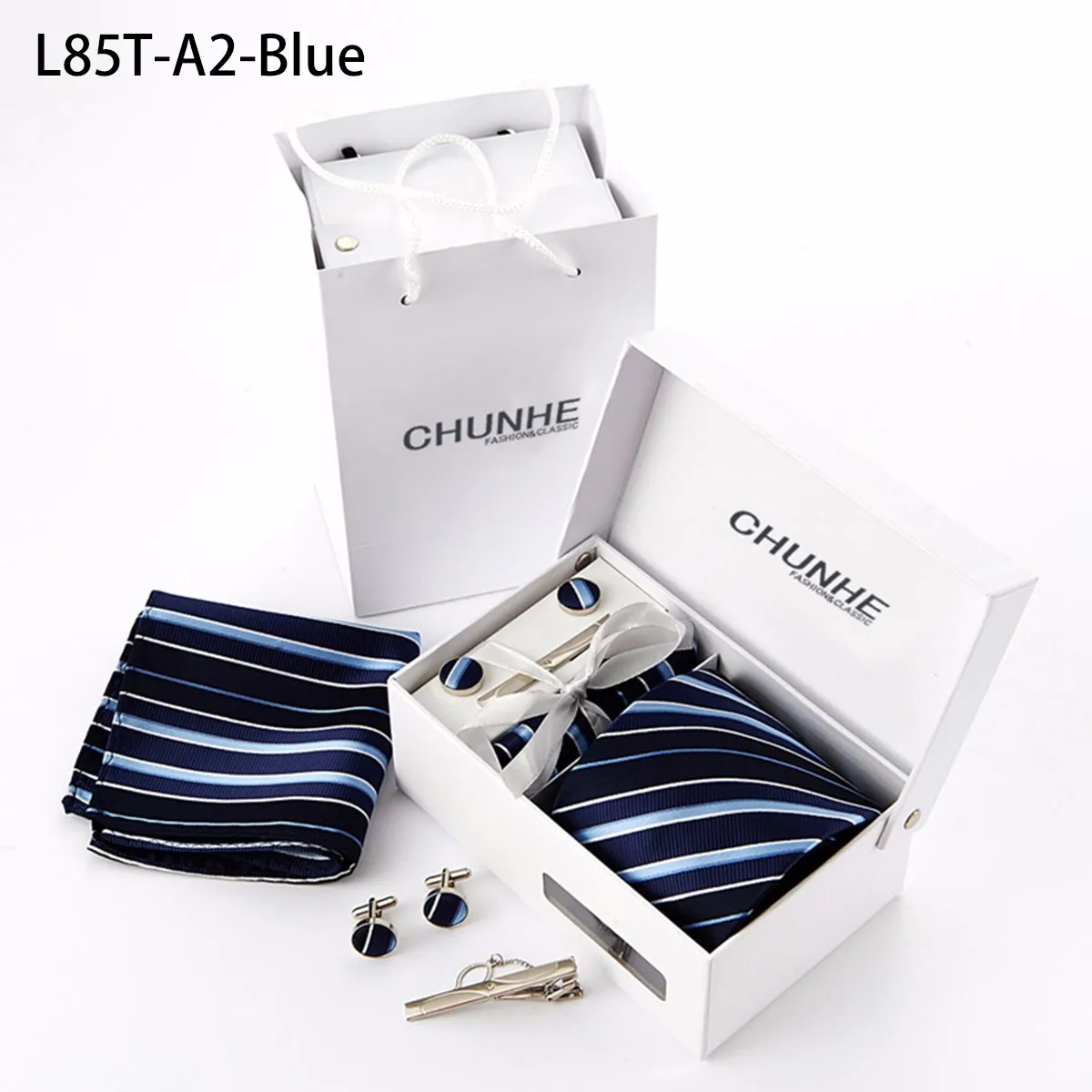 

8.5cm Mens Classic Business Tie Polyester Stripe Twill Ties Fashion Neckwear With Tie Clip, Cufflinks, Pocket Square Set