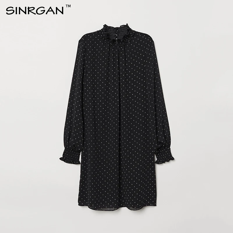 SINRGAN черный цветок печати свободно шифон водолазка Повседневные платья женские