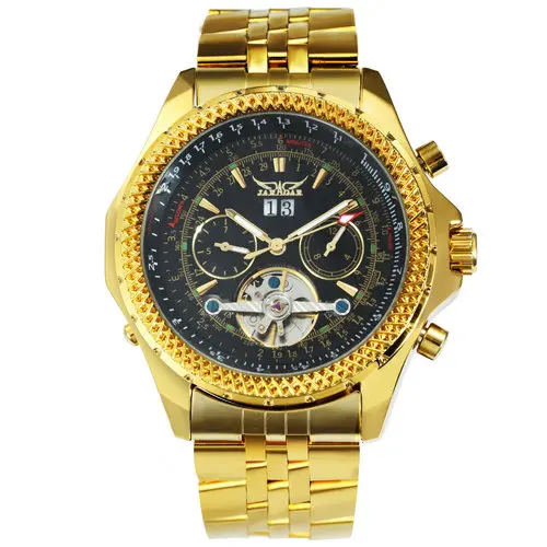 JARAGAR классические часы Tourbillon для мужчин модное платье автоматические механические мужские часы лучший бренд класса люкс 2 маленькие рабочие суб-циферблаты Золотой ремешок из нержавеющей стали повседневные деловые наручные часы для мужчин день рождения лучший подарок - Цвет: GOLDEN-BLACK