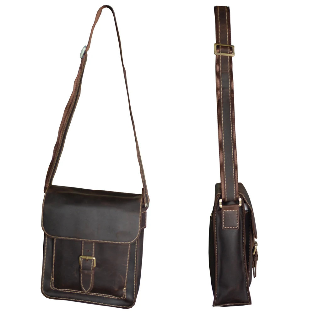 Винтажная коричневая сумка мессенджер из натуральной кожи через плечо crazy horse