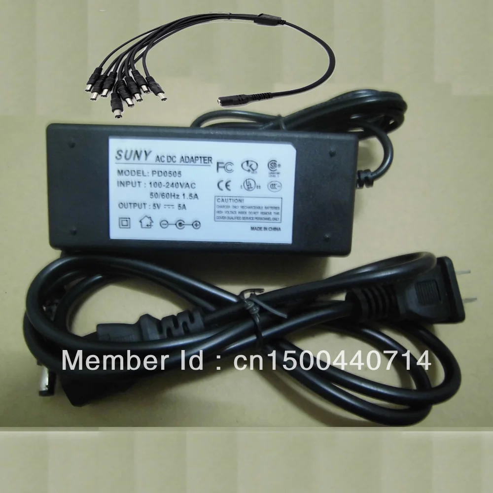 

US Plug 5V 5A AC/DC Adapter Power Supply 8 Port Splitter Pigtail for CCTV .
