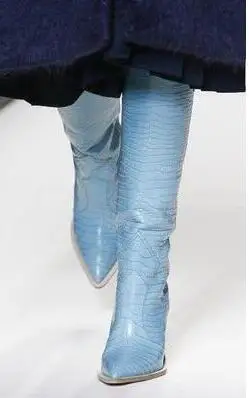 blue long BuonoScarpe/ботинки в ковбойском стиле из крокодиловой кожи; Botas Mujer; ковбойские ботинки для женщин; дизайнерские ботинки до середины икры на массивной танкетке; - Цвет: blue long