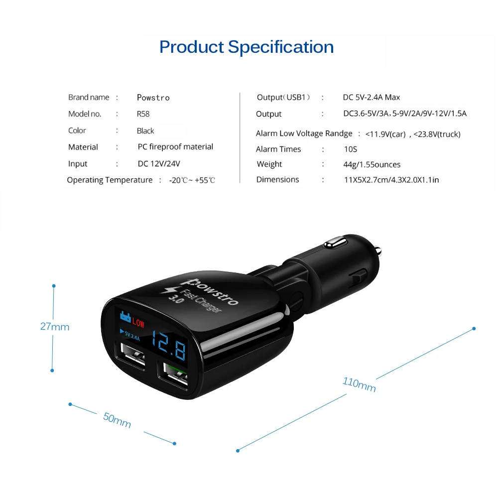 Автомобильное зарядное устройство Powstro 3,0, двойное зарядное устройство USB, а, СВЕТОДИОДНЫЙ монитор напряжения для samsung Galaxy S8, S7, S6, Xiaomi