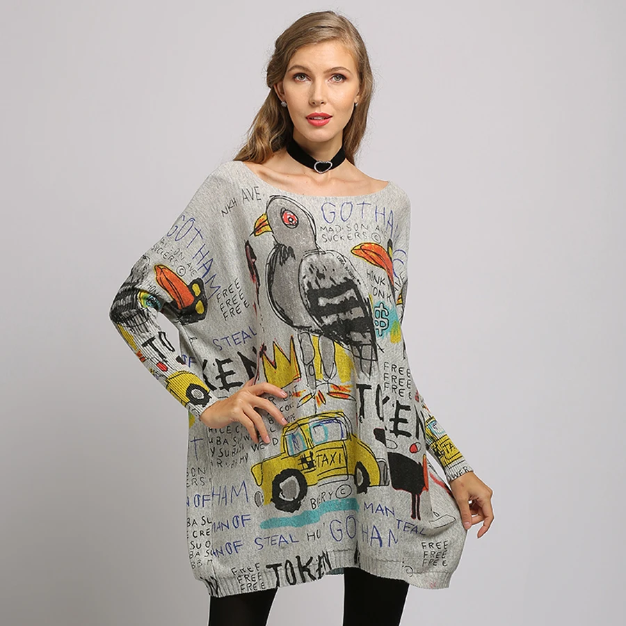 2019 Plus size Women Sweater Cartoon Printed Long Sleeve Tops O-Neck Lovely Pullovers Knitted Loose Sweaters Femel Knitwear | Женская