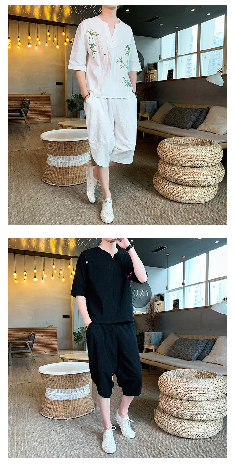 Sinicism Store, Мужской комплект, повседневный костюм, хлопковая льняная футболка, мужские шорты, Мужская футболка оверсайз, Мужская футболка, летний спортивный костюм с вышивкой