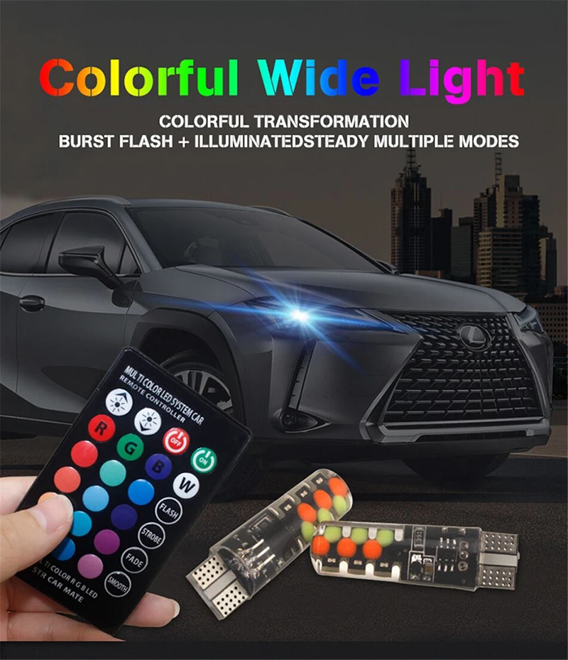 

1Set RGB T10 W5W Led Car Clearance Lights SMD RGB T10 LED 194 168 Bulb Remote Width Interior Lighting Source Car Styling