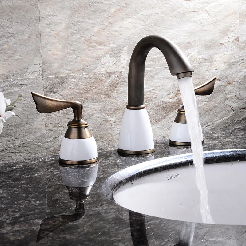 Bathroom Sink Faucets Antique Brass Color Deck Mounted Waterfall White Porcelain Hot and Cold Water Mixer Tap MPSK036A | Обустройство