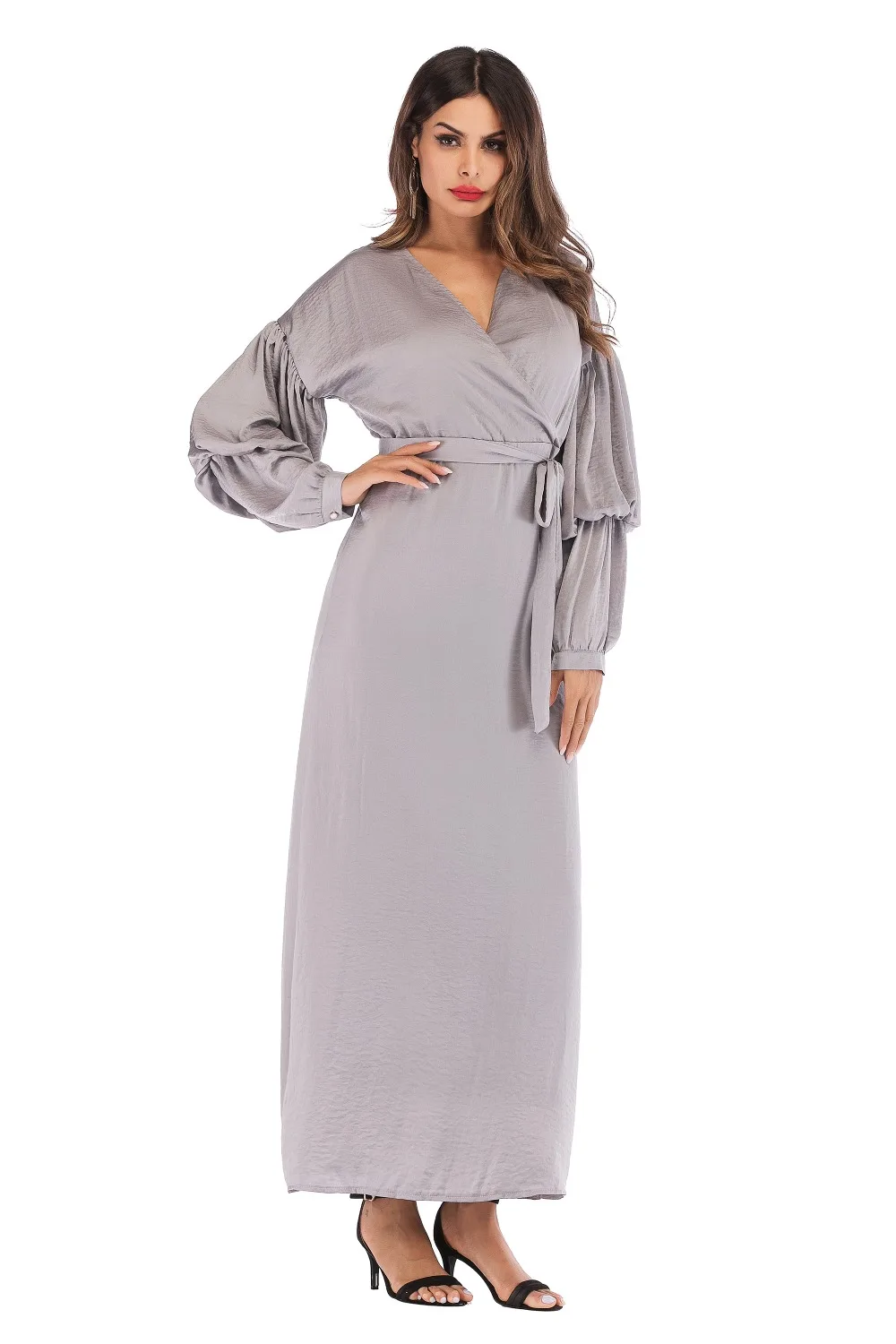 Однотонное серое исламское платье макси с длинным рукавом для мусульманской