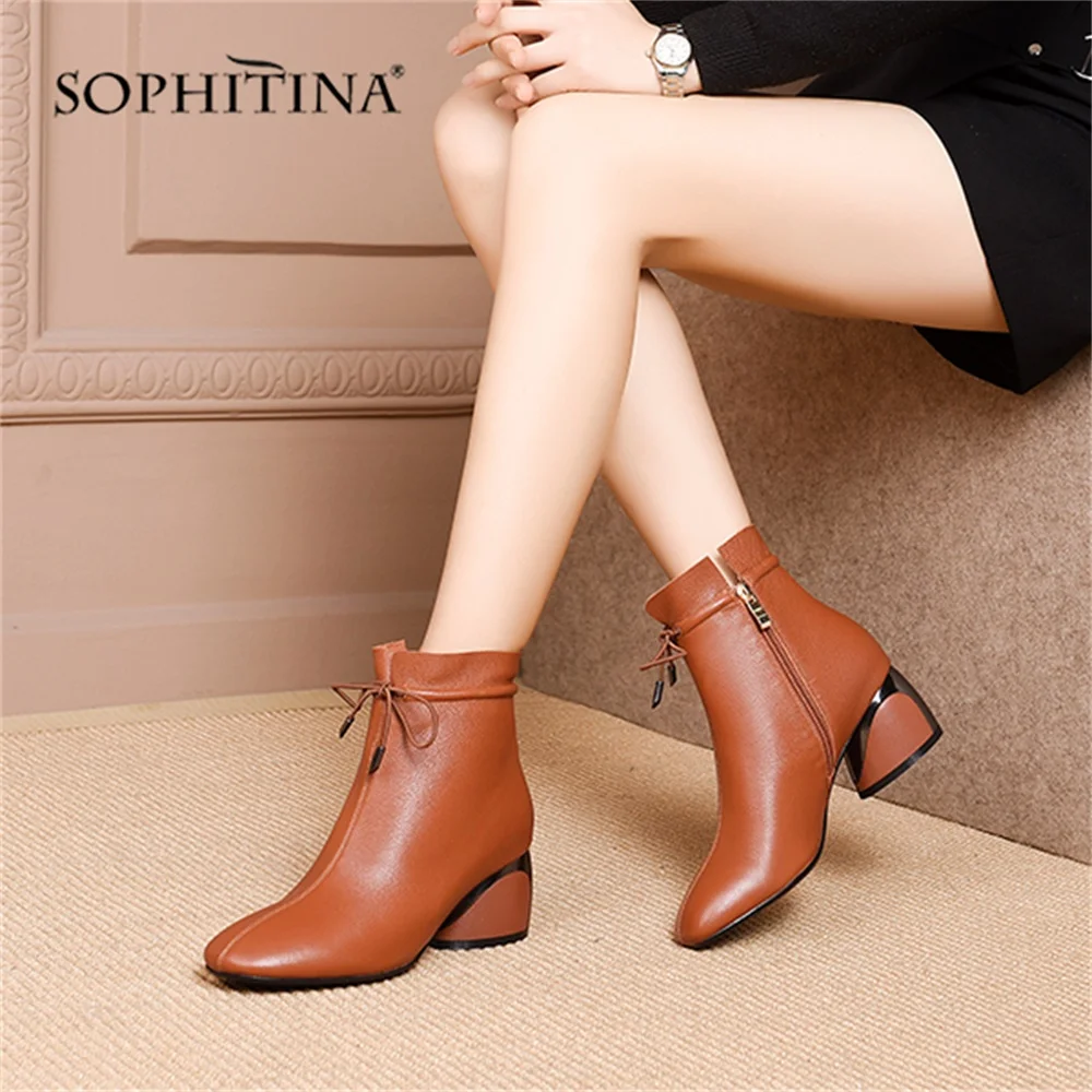 SOPHITINA Special Design Square Toe Boots High Quality Genuine Leather Fashion Zipper Shoes Round Heel Elegant Ankle PO208 | Обувь